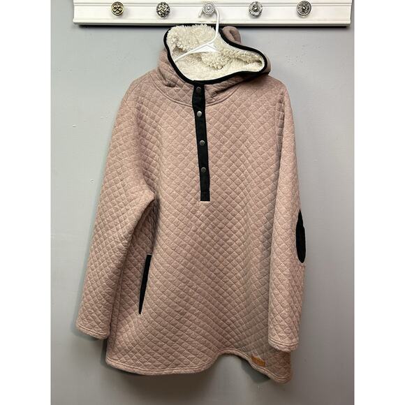Marley Lilly Quilted 1/4 snap Pullover Sweater Womens XL Tan Sherpa lined Hooded - Picture 1 of 11